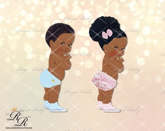 Baby boy girl pair, Afro hair | African American Baby | Dark skin tone | Baby shower gender reveal - Clipart Instant download - LP076