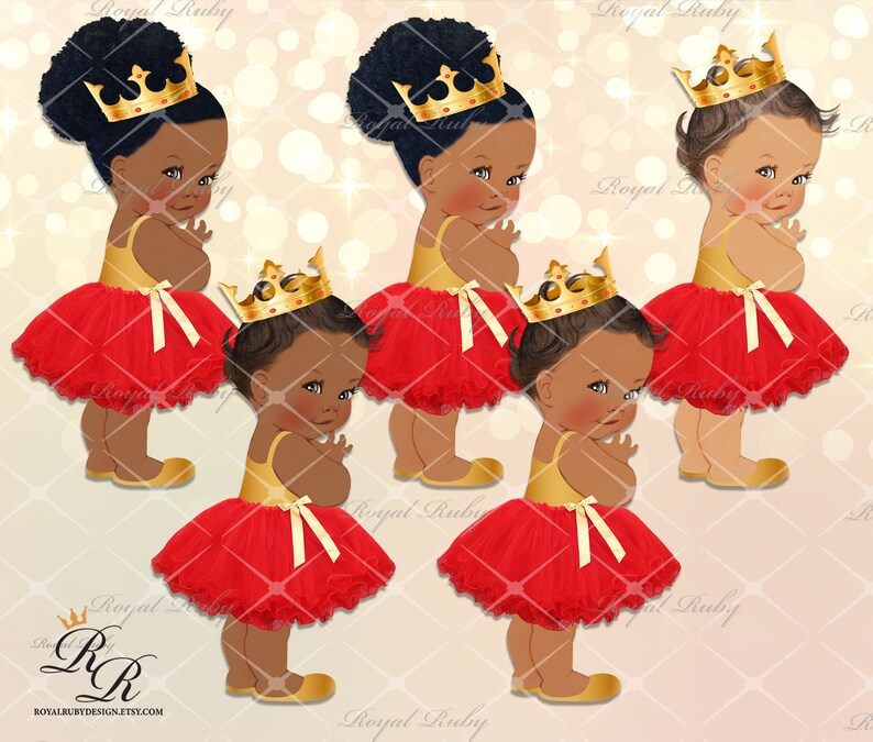 3 skin tones Clipart Instant download African American Baby Royal princess red gold baby girl Baby shower decorations LG074