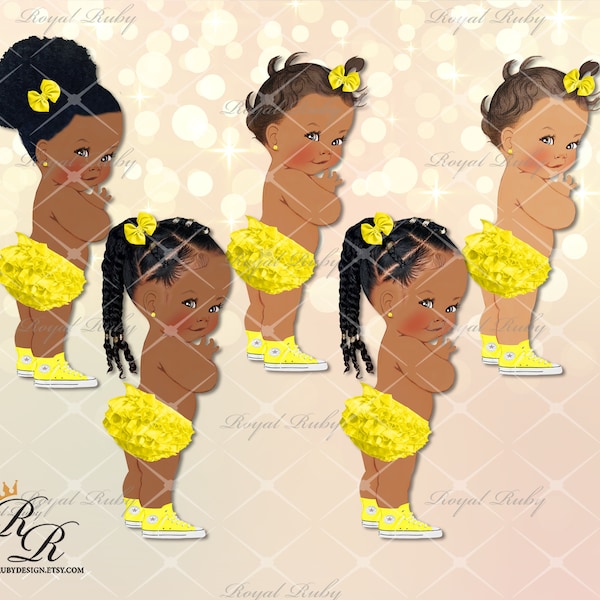 Canary yellow ruffle diaper pants | Afro puff African American baby girl | 3 skin tones | Baby shower - Clipart Instant download - LG200