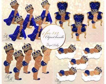 Königlicher Prinz Blau Gold Junge Bündel Clipart | Afroamerikaner Baby | Prinz Baby Cape | Baby-Dusche - Clipart Sofort download - B008