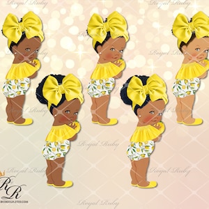 Citroen babymeisje wit gele haarstrik | Afro-Amerikaanse baby | 3 huidtinten | Citroen Baby shower decoratie - Clipart Instant download - LG281