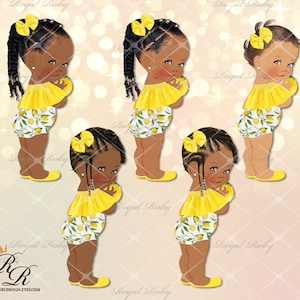 Citroen babymeisje wit gele haarstrik | Afro-Amerikaanse baby | 3 huidtinten | Citroen Baby shower decoratie - Clipart Instant download - LG282