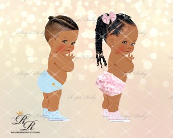 Baby boy girl Afro braids | African American Baby | Medium skin tone | Baby shower gender reveal - Clipart Instant download - LP031