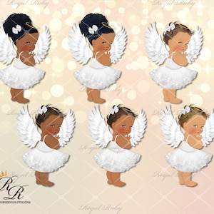 Könnte beinhalten: Sechs digitale Illustrationen von Babyengeln mit weißen Flügeln, weißen Kleidern und Heiligenscheinen. Die Engel haben braune Haut und dunkles Haar. Die Engel sind alle in der gleichen Pose, mit den Händen vor sich gefaltet.