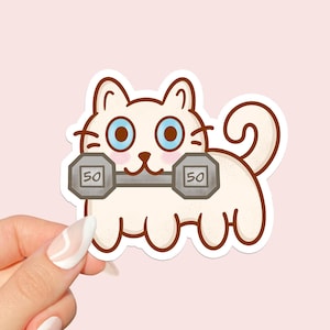 Cute Cat with Dumbbell Vinyl Sticker, Gift for Cat Owner, Weightlifting Fitness Workout Gifts, Home Gym Decor, Gym Coach Gift For Him