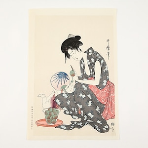 喜多川歌麿「桃の皮をむく母子」。手作り浮世絵木版画。和紙