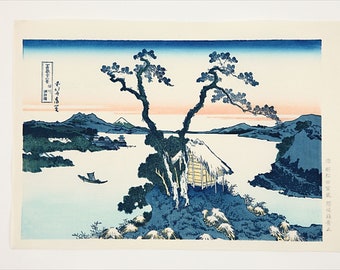 Gravure sur bois japonaise faite main de Katsushika Hokusai.Shinshu Suwa-ko Lake Ukiyo-E. Papier japonais washi