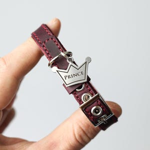 May include: Burgundy leather dog collar with a silver crown charm engraved with the word "PRINCE".