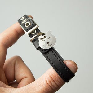 May include: Black leather cat collar with a silver buckle and a silver cat-shaped tag.