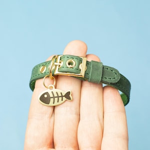 Cute Cat Collar Personalized Leather Collar Custom Collar Safety Collar Black Collar Small Collar Fish Tag Collar Id Collar