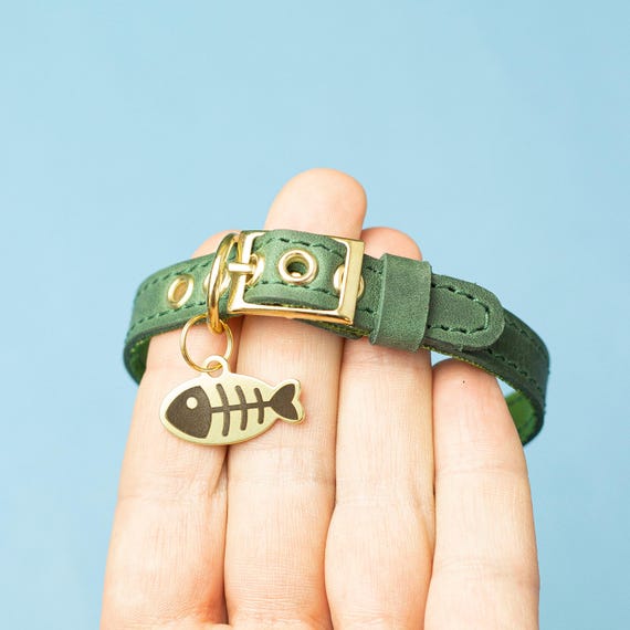 Cute Cat Collar Personalized Leather Collar Custom Collar Safety Collar Black Collar Small Collar Fish Tag Collar Id Collar