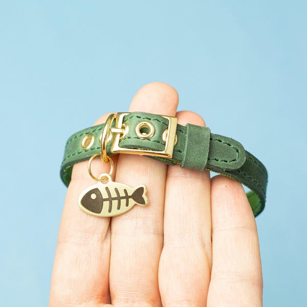 Cute Cat Collar Personalized Leather Collar Custom Collar Safety Collar Black Collar Small Collar Fish Tag Collar Id Collar