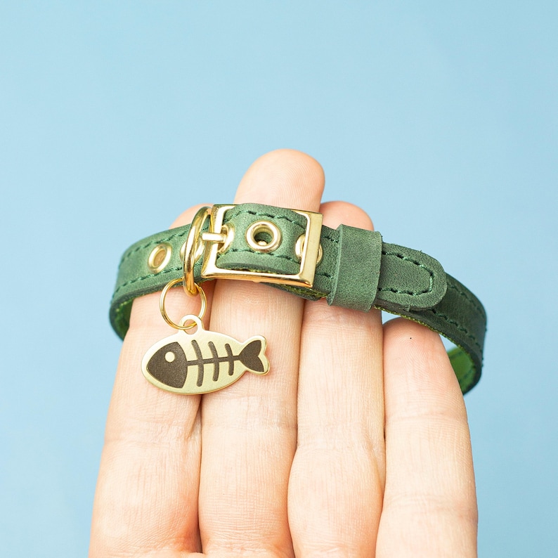 Cute Cat Collar Personalized Leather Collar Custom Collar Safety Collar Black Collar Small Collar Fish Tag Collar Id Collar image 1