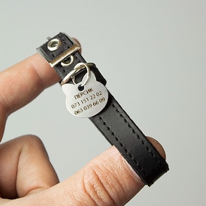 May include: Black leather cat collar with a silver metal tag engraved with the name "ПЕРСИК" and phone numbers 073 151 22 02 and 063 039 66 09.