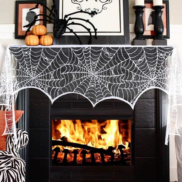 Halloween spider web mantle scarf, Halloween fireplace decor, minimalist Halloween, elegant Halloween