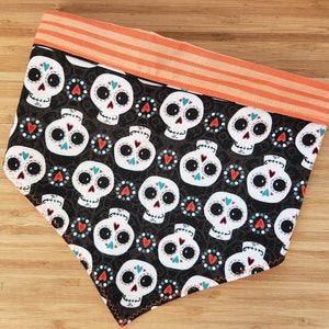 Halloween Sugar Skulls + Orange Stripes Bandana | Fall Reversible Dog Bandana w/ Personalization