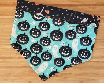 Halloween Turquoise Pumpkins and Candy Bandana | Fall Reversible Dog Bandana w/ Personalization | Add matching wristlet, hair tie or coozie
