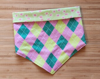 Pink and Green Argyle |  Preppy Pup Dog Bandana w/ Personalization | Add matching wristlet, hair tie or coozie