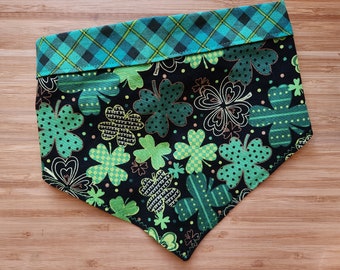 Bold Clovers and Green Plaid  | St. Patrick's Day Reversible Dog Bandana w/ Personalization | Add matching wristlet, hair tie or coozie