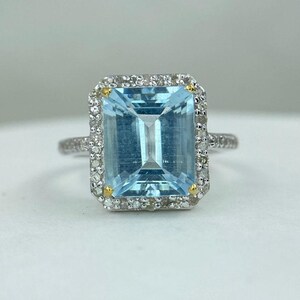 3.80 Ct Natural Aquamarine With Natural Diamonds Around, 925 Solid Silver Ring, Gorgeous Jewelry For Women Gift, Aquamarine Emerald Cut Ring