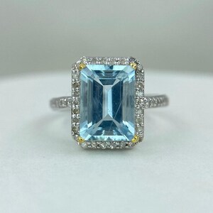 3.80 Ct Natural Aquamarine With Natural Diamonds Around, 925 Solid Silver Ring, Gorgeous Jewelry For Women Gift, Aquamarine Emerald Cut Ring