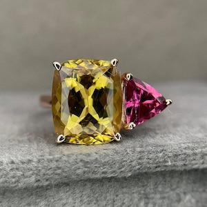 Natural Yellow Beryl Cushion & Rubellite Tourmaline Trillion Gemstone Ring , 925 Solid Sterling Silver , AAAA+ Quality , Christmas Gift