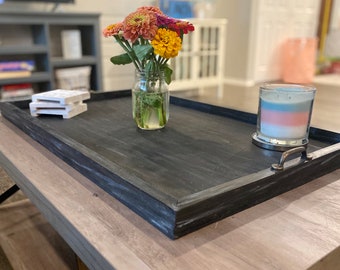 Rustic Black Weathered Wooden Ottoman Tray: Hand Crafted Serving Tray