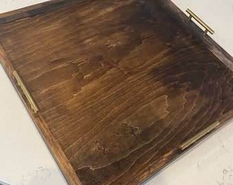 Rustic Brown Wood Ottoman Tray with Handles: Farmhouse Coffee Table Decor