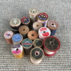 Vintage Wooden Spools w/Original Thread-1940-1970 16 Old Spools in Various Colored Thread Sewing Decor, Knitting, Embroidery, Crochet image 1