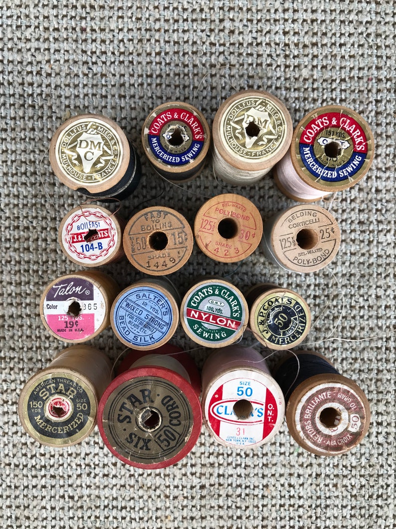 Vintage Wooden Spools w/Original Thread-1940-1970 16 Old Spools in Various Colored Thread Sewing Decor, Knitting, Embroidery, Crochet image 3