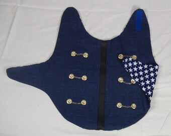 Military Dog Coat-PATRIOTIC SWAG-Reversible, Waterproof Blue and White Stars w/ Gold Grommets & Chains-One-of-A-Kind-Handmade