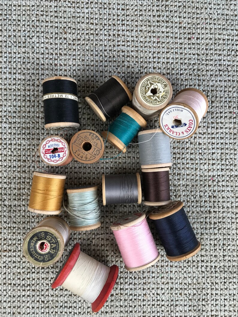 Vintage Wooden Spools w/Original Thread-1940-1970 16 Old Spools in Various Colored Thread Sewing Decor, Knitting, Embroidery, Crochet image 6