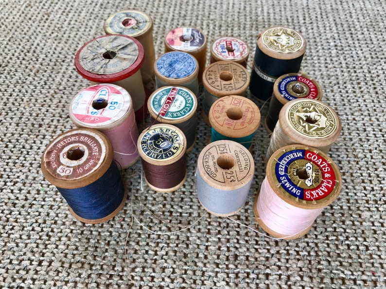 Vintage Wooden Spools w/Original Thread-1940-1970 16 Old Spools in Various Colored Thread Sewing Decor, Knitting, Embroidery, Crochet image 7