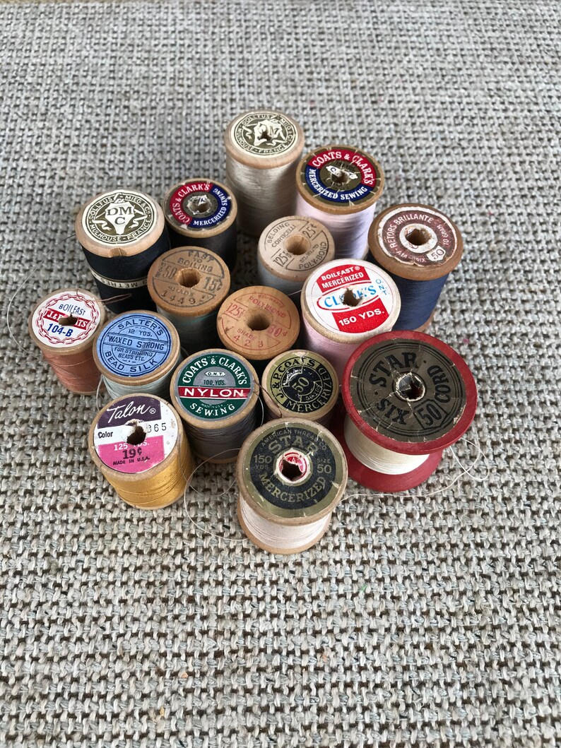 Vintage Wooden Spools w/Original Thread-1940-1970 16 Old Spools in Various Colored Thread Sewing Decor, Knitting, Embroidery, Crochet image 1