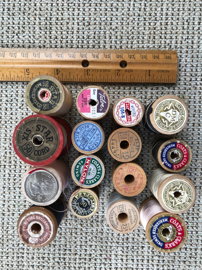 Vintage Wooden Spools w/Original Thread-1940-1970 16 Old Spools in Various Colored Thread Sewing Decor, Knitting, Embroidery, Crochet image 4