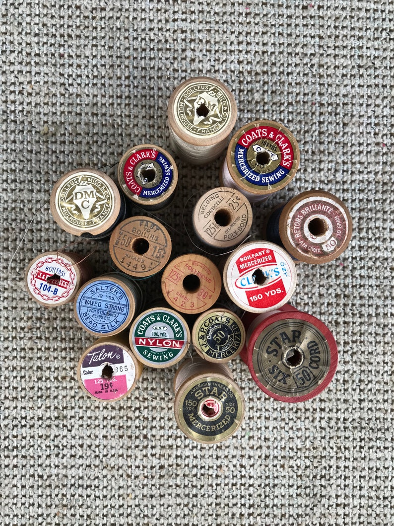 Vintage Wooden Spools w/Original Thread-1940-1970 16 Old Spools in Various Colored Thread Sewing Decor, Knitting, Embroidery, Crochet image 2