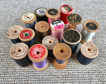 Vintage Wooden Spools w/Original Thread-1940-1970 - 16 Old Spools in Various Colored Thread - Sewing Decor, Knitting, Embroidery, Crochet