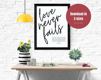 L'amore non fallisce mai Arte da parete con parole delle Scritture cristiane, Poster delle Scritture bibliche per ufficio, Arte da parete minimalista della Bibbia, 1 Corinzi 13: 4-8 Arte d'amore
