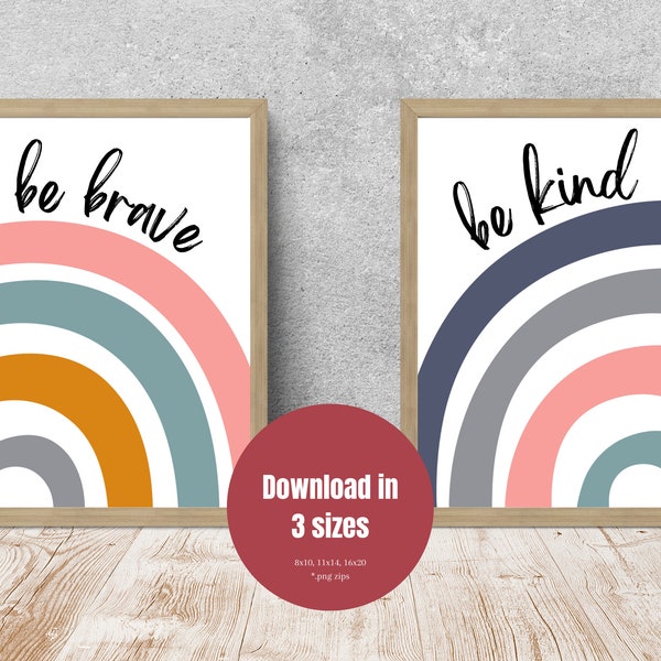 Be Brave Be Kind Kid Digital Print, Infant Nursery Art Print, Boho Girl Room, Kid Playroom Wall Art, Rainbow Kid Quote, Set of 2 Kid Prints