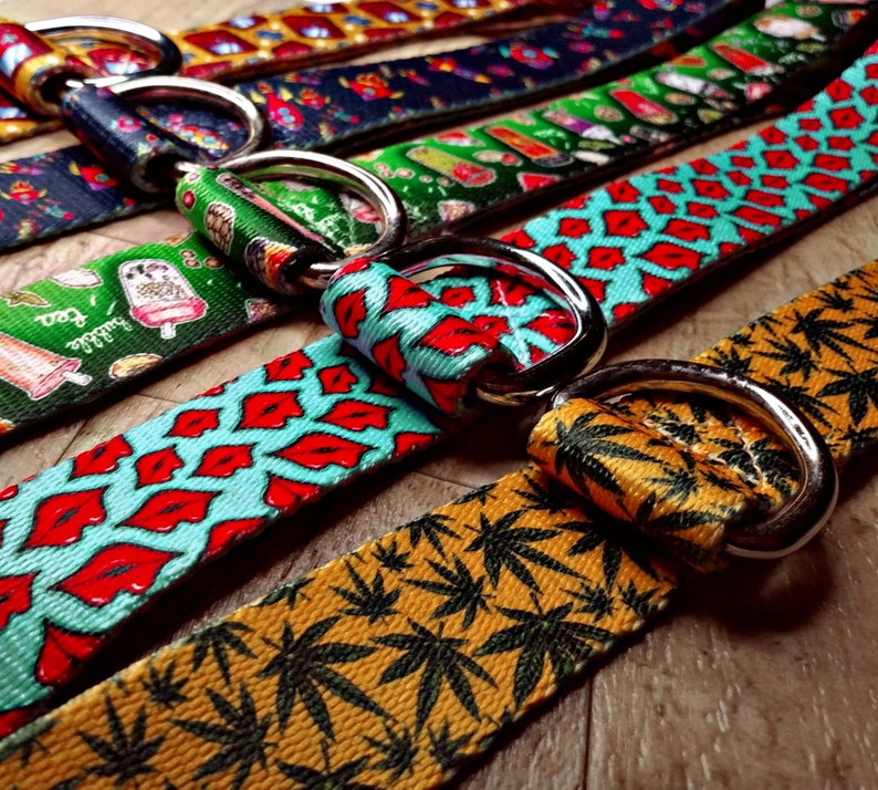 May include: Five colorful dog collars with different patterns, including lips, ice cream, and marijuana leaves. Each collar has a silver metal D-ring.