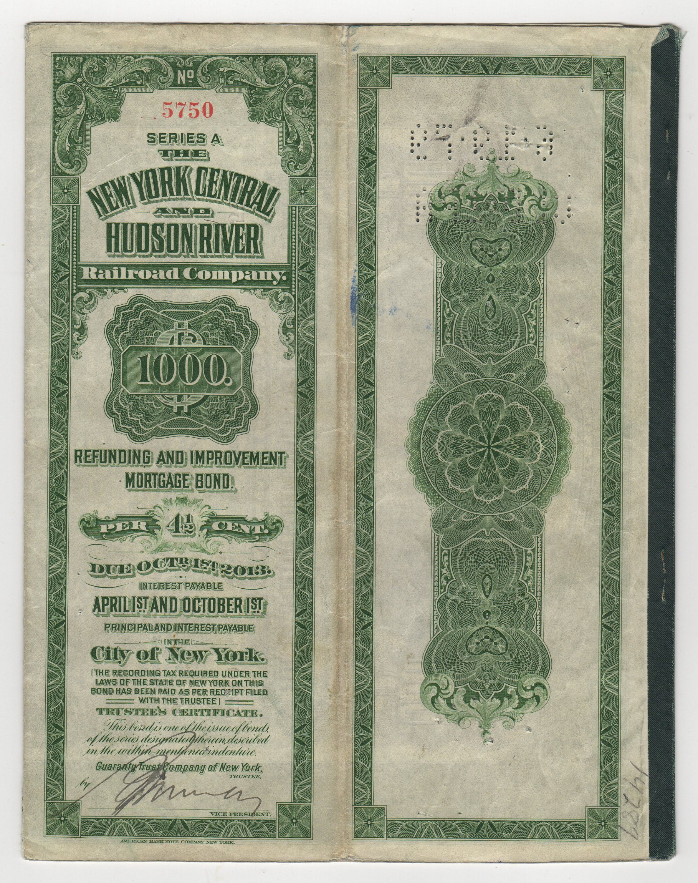 Hudson & Manhattan Railroad Company Bond Stock Certificate New York Jersey Green 