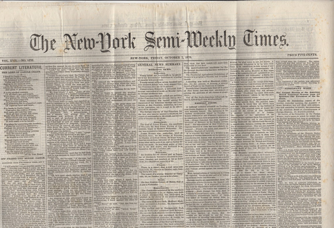 1870 The New York SemiWeekly Times Newspaper Etsy