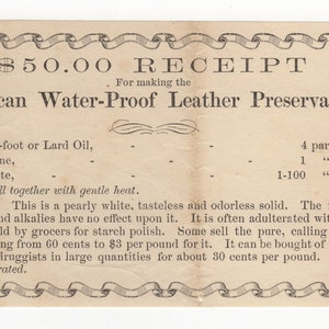 Fifty Dollar American Water-Proof Leather Preservative Advertising Receipt
