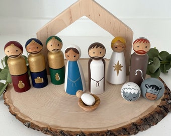 Wooden peg doll Nativity Scene