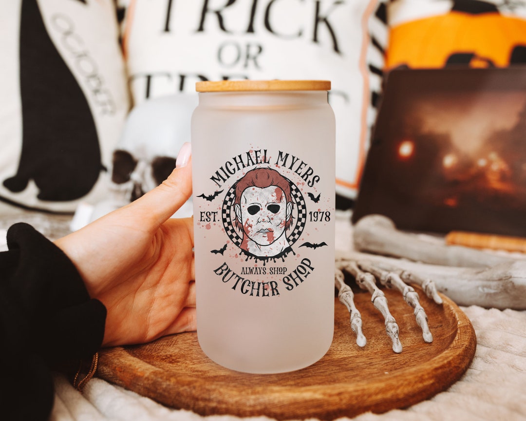 Michael Myers Butcher Shop Personalized 16oz Glass Cup Horror Movie Fan