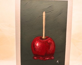 Mela caramellata / Dipinto originale a guazzo / Quadro autunnale 5x7 / Decorazione autunnale