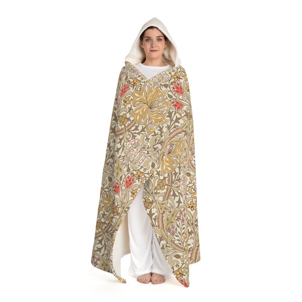 Hooded Sherpa Fleece Blanket, William Morris Golden Lily Pattern, Art Nouveau, Sofa Throw Blanket, Craftsman Quilt, British Textile Design