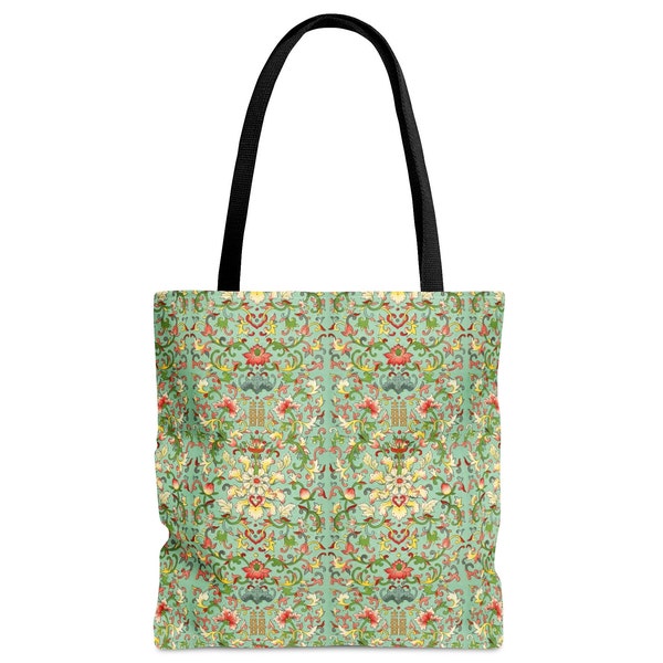 Tote Bag, Vintage Chinese Pattern, Asian Floral Shoulder Bag, Vintage Chinese Ornament Design, Canvas Tote Bag