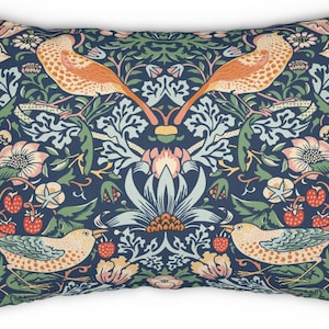 William Morris Strawberry Thief Lumbar Pillow: Botanical Cottagecore Cushion