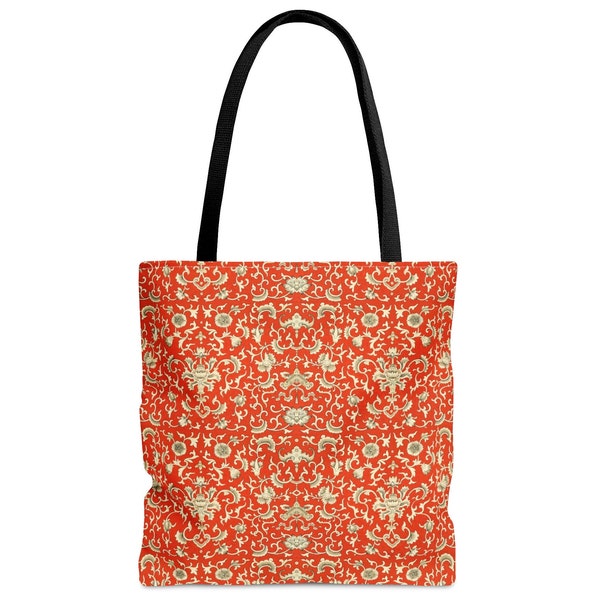Tote Bag, Vintage Chinese Pattern, Asian Floral Shoulder Bag, Vintage Chinese Ornament Design, Canvas Tote Bag